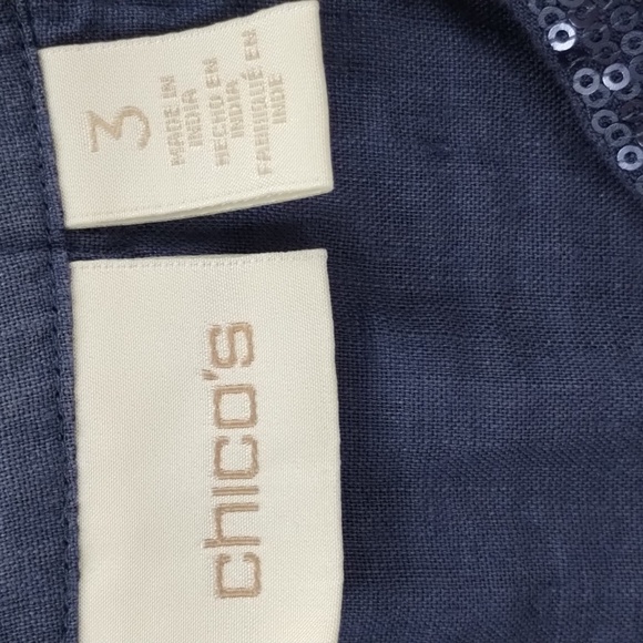 Chico's blue 100% linen w/sequin and brocade lace down back, button down size 3 - Picture 3 of 9